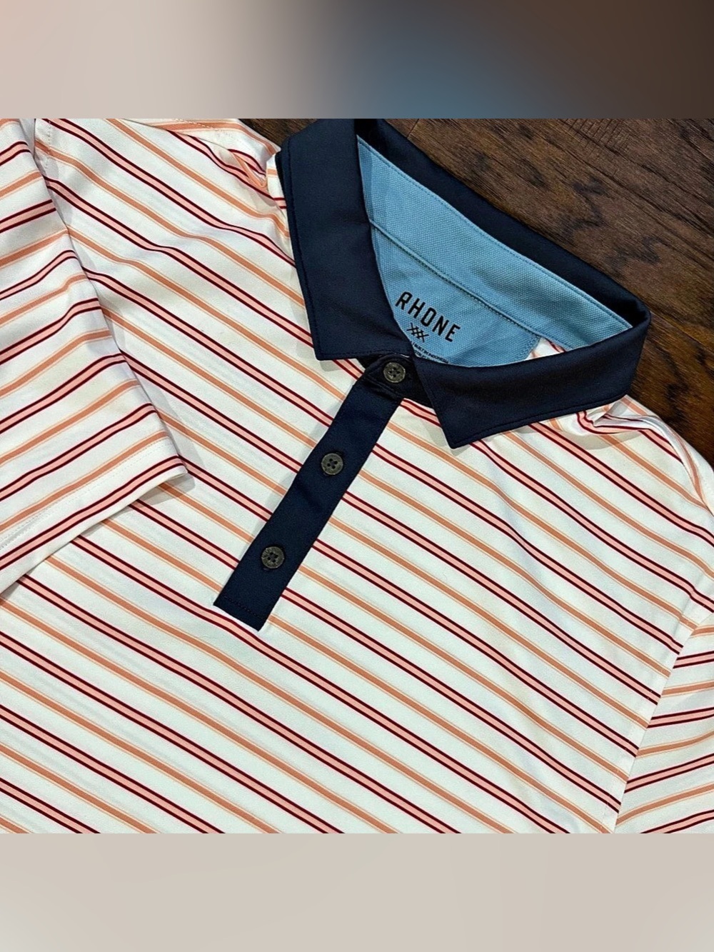 RHONE Polo Shirt Men XL Coral/White Stripe Navy Collar Performance Stretch Golf
